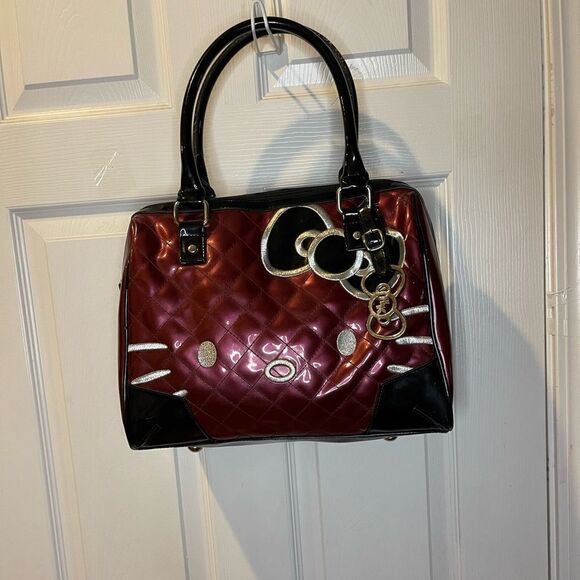 Hello kitty Sanrio Berry Patent quilted &face embroidery Satchel black straps - Picture 5 of 16